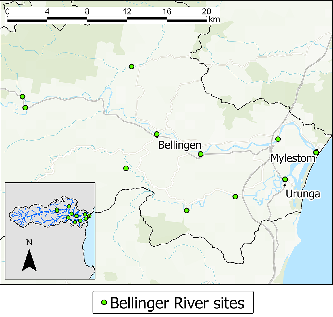 Map: Bellinger River water quality monitoring sites