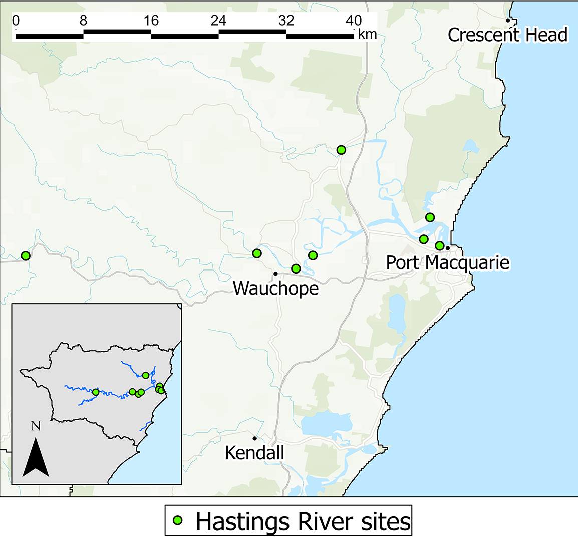 Map: Hastings River water quality monitoring sites