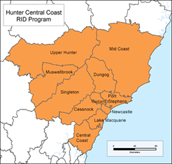 map showing the local government areas covered by the Hunter Central Coast rid squad