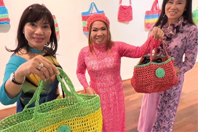 People showing their remade plastic bags
