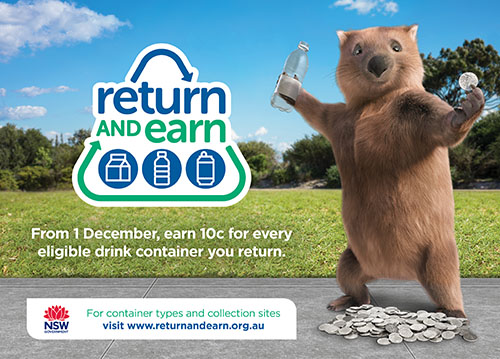 Ernie the wombat with cash from recycled containers