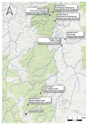 Map of water sampling sites on the Turon River near Lithgow