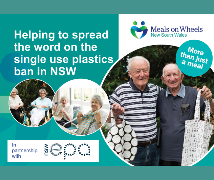 Partnership banner showing Meals on Wheels New South Wales and EPA awareness campaign to spread the word on the single use plastics ban in NSW.