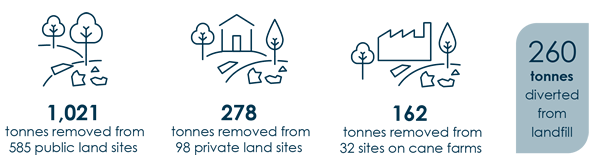 Infographic: 1,021 tonnes removed from 585 public land sites, 278 tonnes removed from 98 private land sites, 162 tonnes removed from 32 sites on cane farms, 260 tonnes diverted from landfill