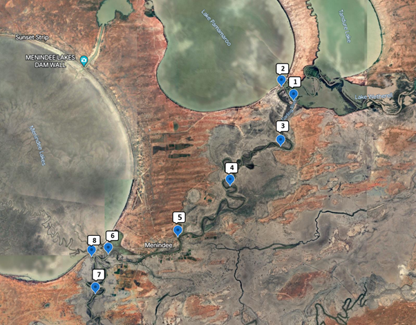 map of sample locations for the Menindee Weir Pools region along the Darling-Barka River 