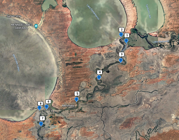 Map of water sampling sites from the Main Weir to upstream of Weir 32 for samples taken on 9August 2023