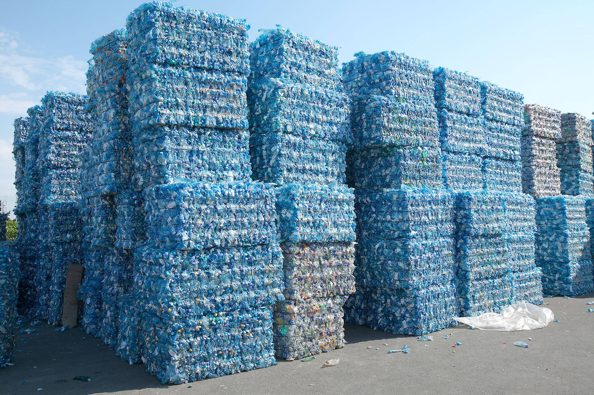 Stacks of baled plastic for recycling