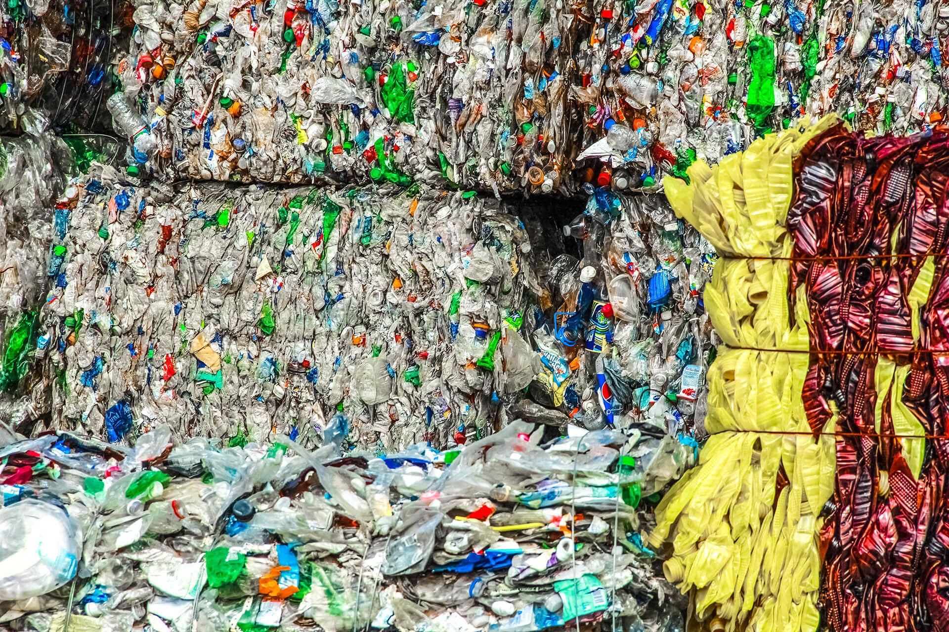 Closeup of plastics baled for recycling