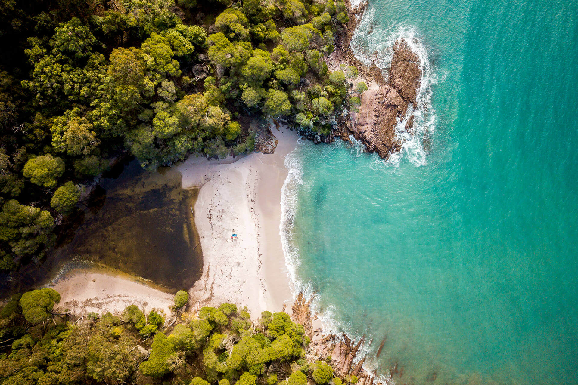 Aerial photograph of Murramarang National Park with lagoon behind beach