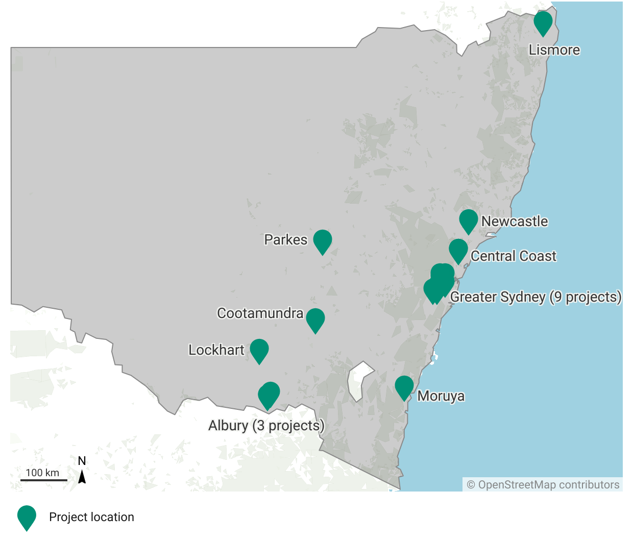 Figure. Geographic spread of PIP projects across NSW. (Source: ABS map data; created with Datawrapper.)