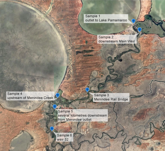 map of Meninde area showing points on the Murray river where samples were collected between the outlet at Main Weir and Weir 32 