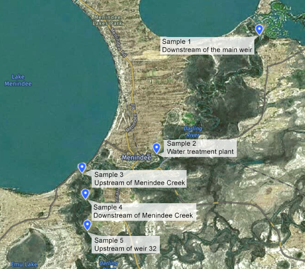 Menindee fish kill sampling sites, 3 April 2023