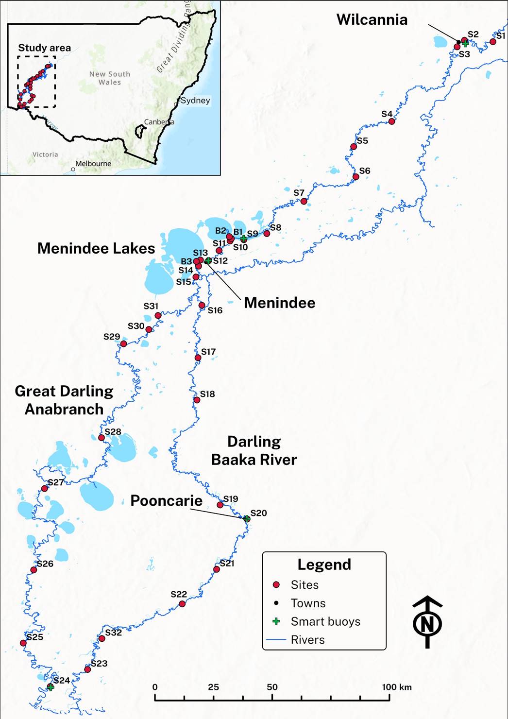 Sample sites for the Darling-Baaka River health project July 2024 - September 2024