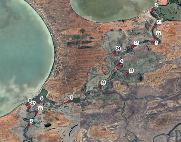 Map showing locations for sediment samples from downstream of the Main Weir to upstream of Weir 32, for samples taken on 8 August 2023.